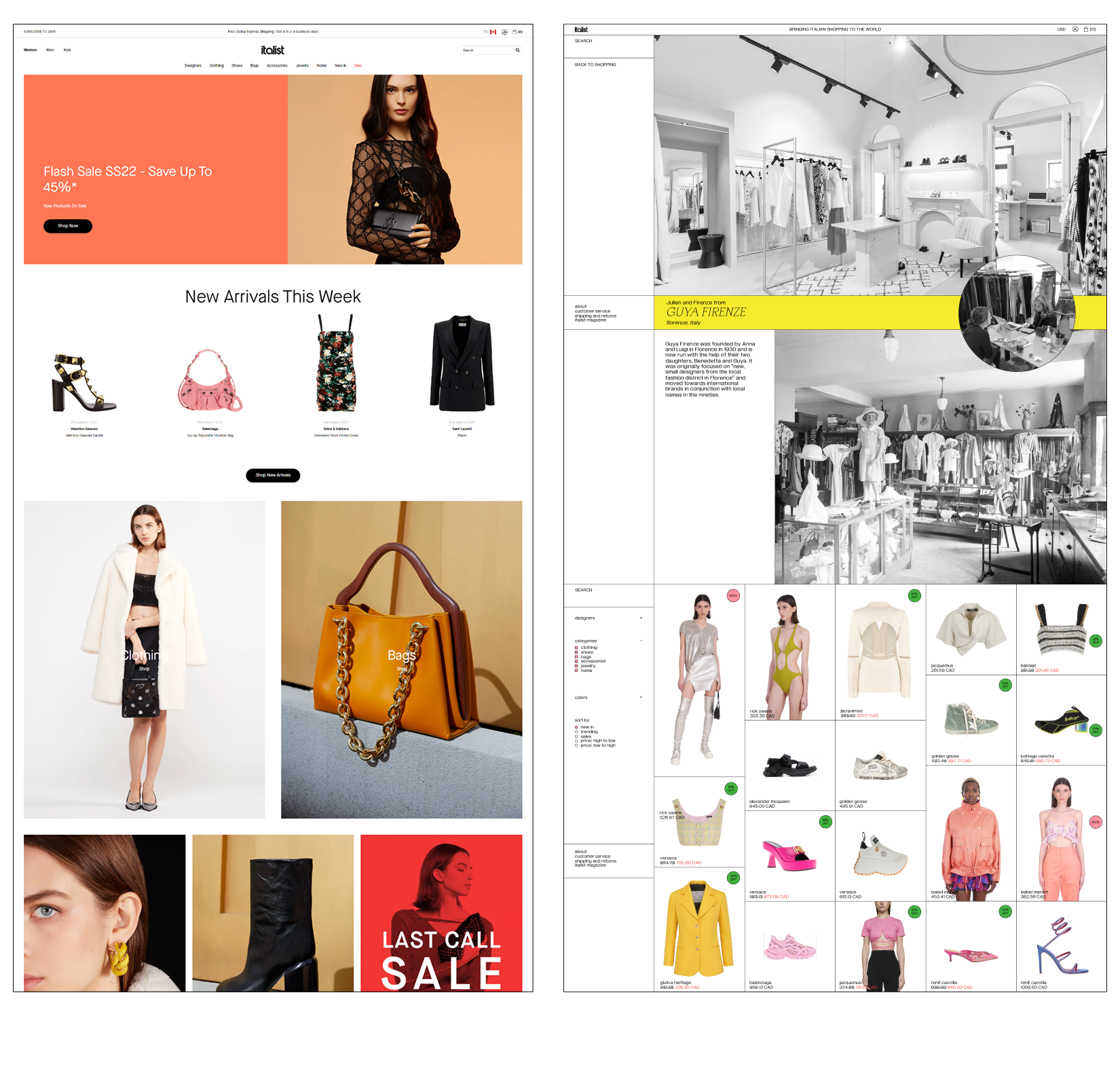 Comparison of old Italist homepage with rebranded homepage incorporating the rebrand.