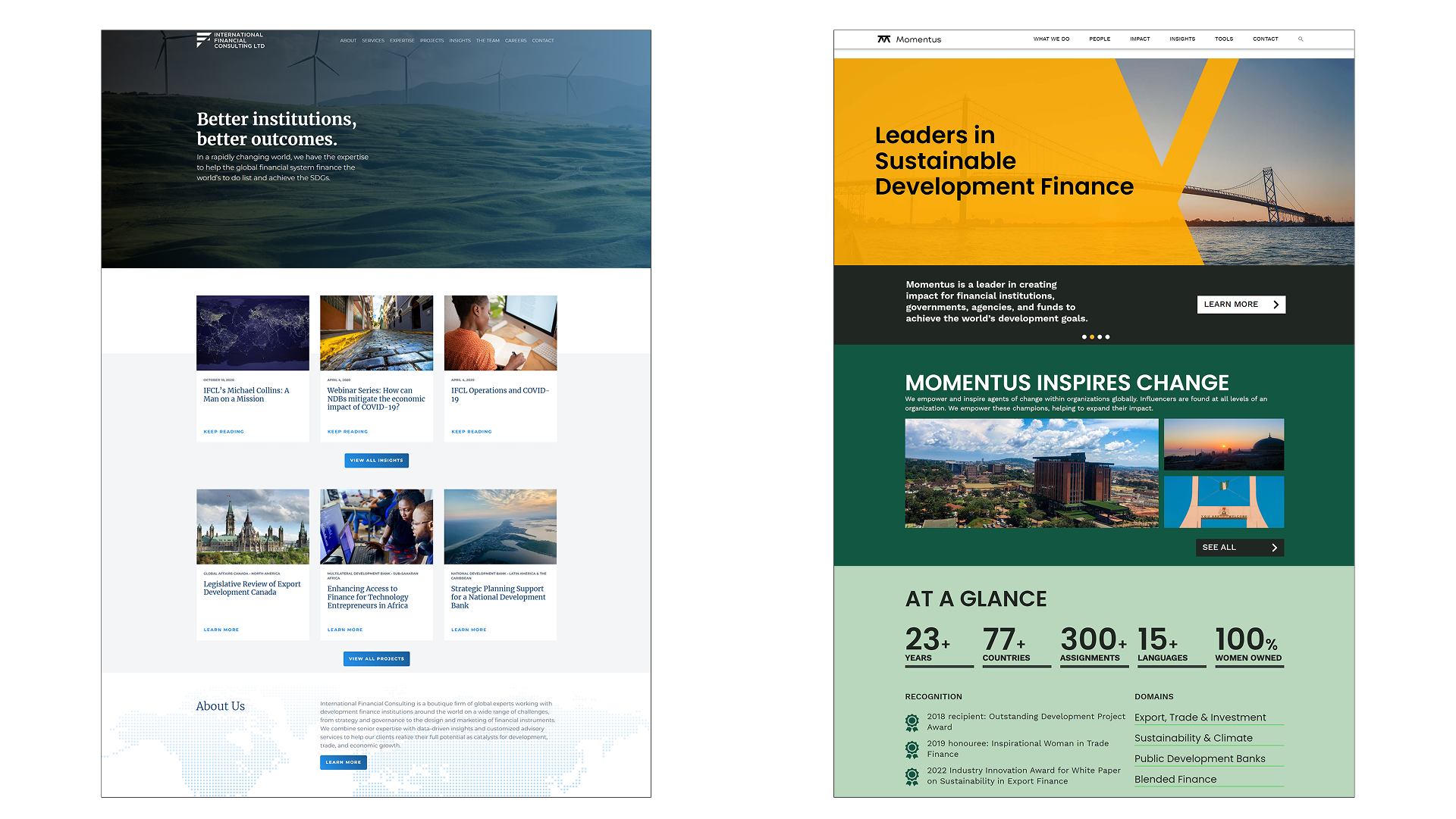 Comparison of old IFCL homepage with rebranded homepage incorporating the rebrand.