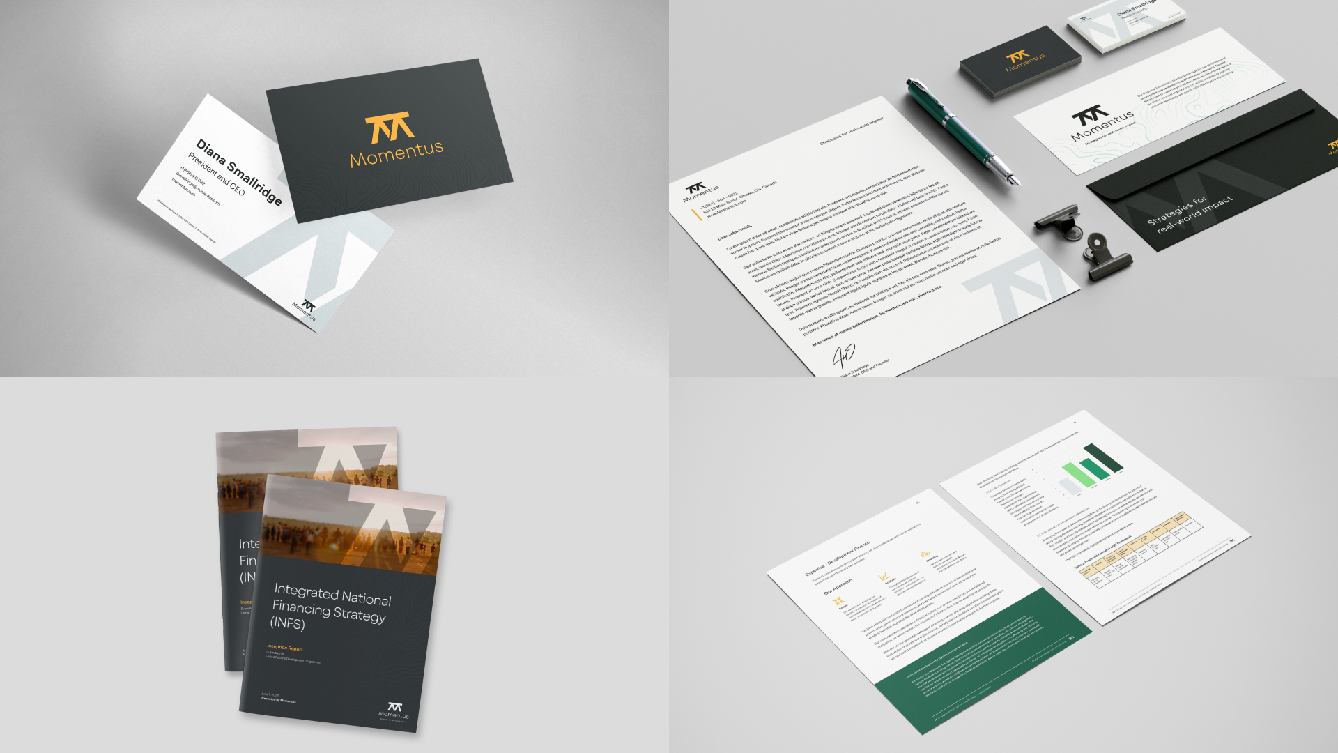 Momentus rebranded product mockups: a business card, report document, and stationary.